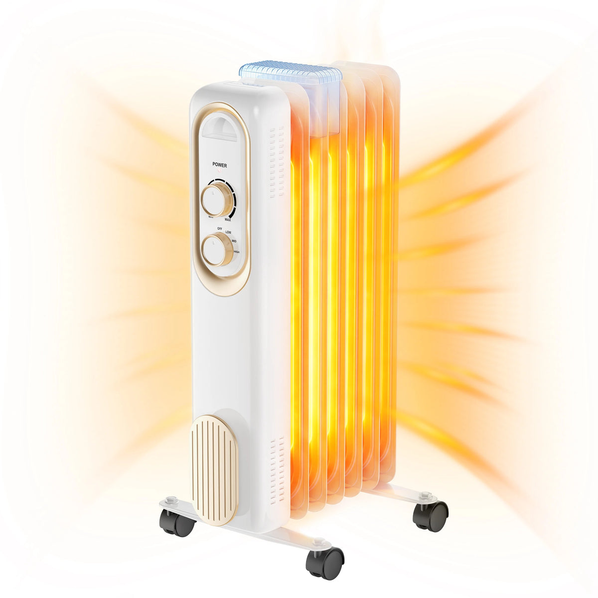 JHK 1500W oil-filled radiator space heater on wheels, white with orange fins, by S And B Enterprise