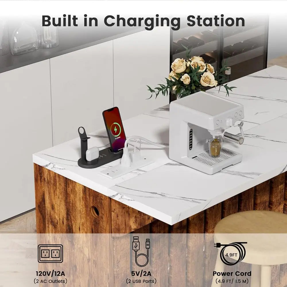 55 Modern Counter Height LED Mini Bar Table with Charging Station & Faux Marble Top for Dining or Living Room by S And B Enterprise