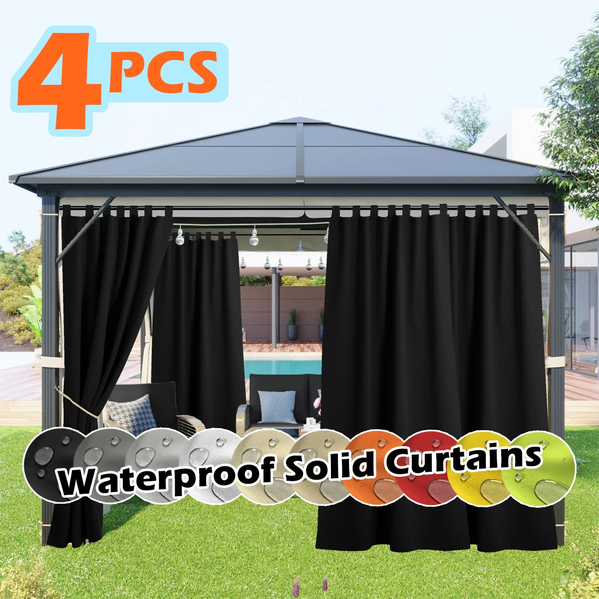 4-panel outdoor curtains by S And B Enterprise, waterproof UV-resistant tab-top for gazebo, black
