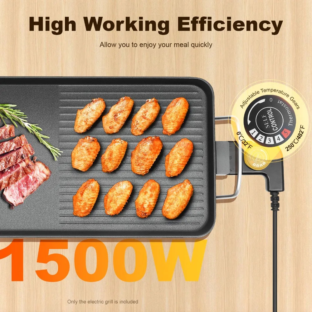 Black electric griddle grill with non-stick aluminum surface, 1500W and 5 temperature settings