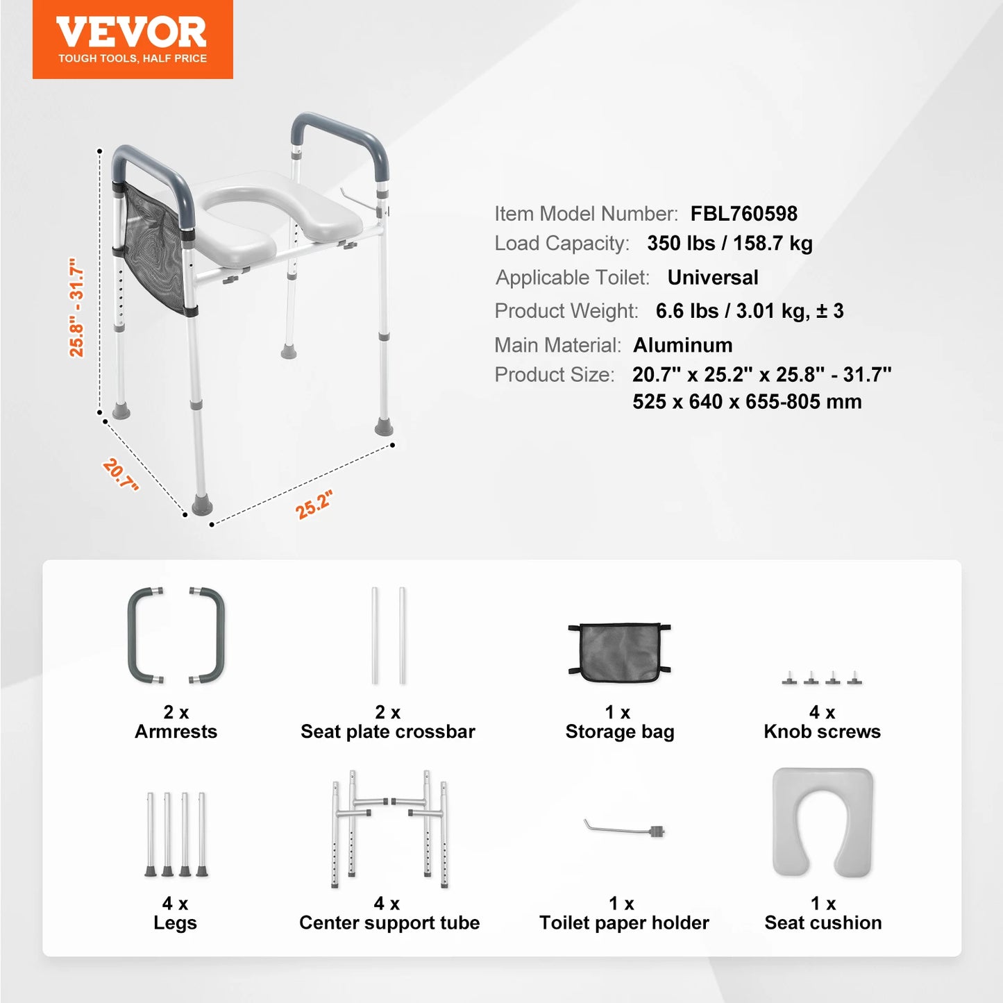 SucceBuy Raised Toilet Seat 7-Position Height Adjustment 19.3" - 25.2" 350lbs Weight Capacity with Comfort Padded Aluminum Frame
