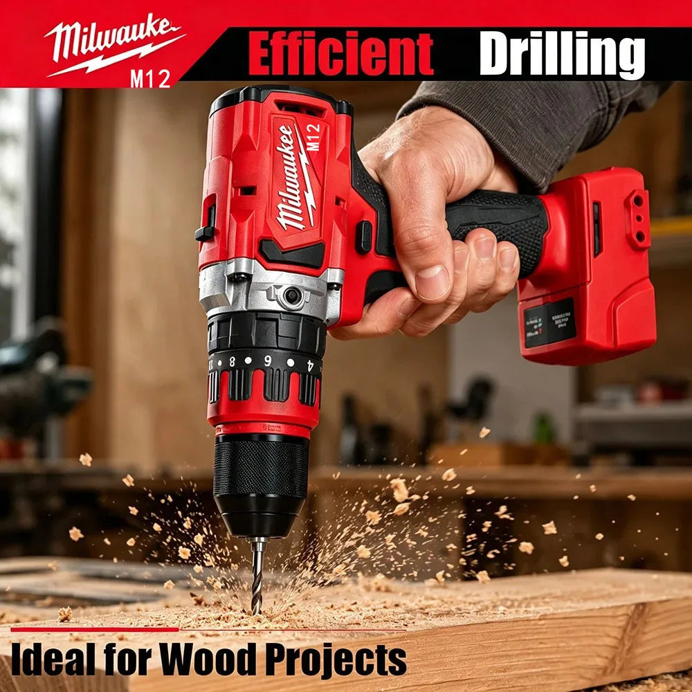 Milwaukee M12 red cordless drill/driver with 13mm keyless chuck drilling wood