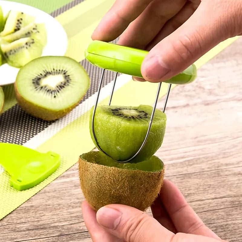 Kiwi cutter peeler blade tool with green handle, stainless steel tines, S And B Enterprise kitchen gadget