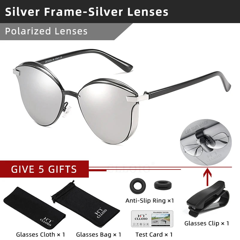 CLLOIO polarized sunglasses for women with silver frame and cat-eye round lenses by S And B Enterprise