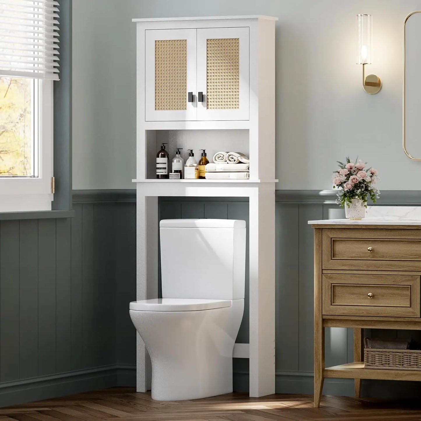 Farmhouse Over Toilet Storage Cabinet With Adjustable Shelf And Rattan Doors