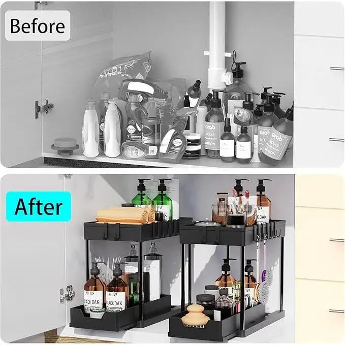 S And B Enterprise black metal 2-Tier Sliding Under-Sink Organizer with side hooks and detachable hanging baskets
