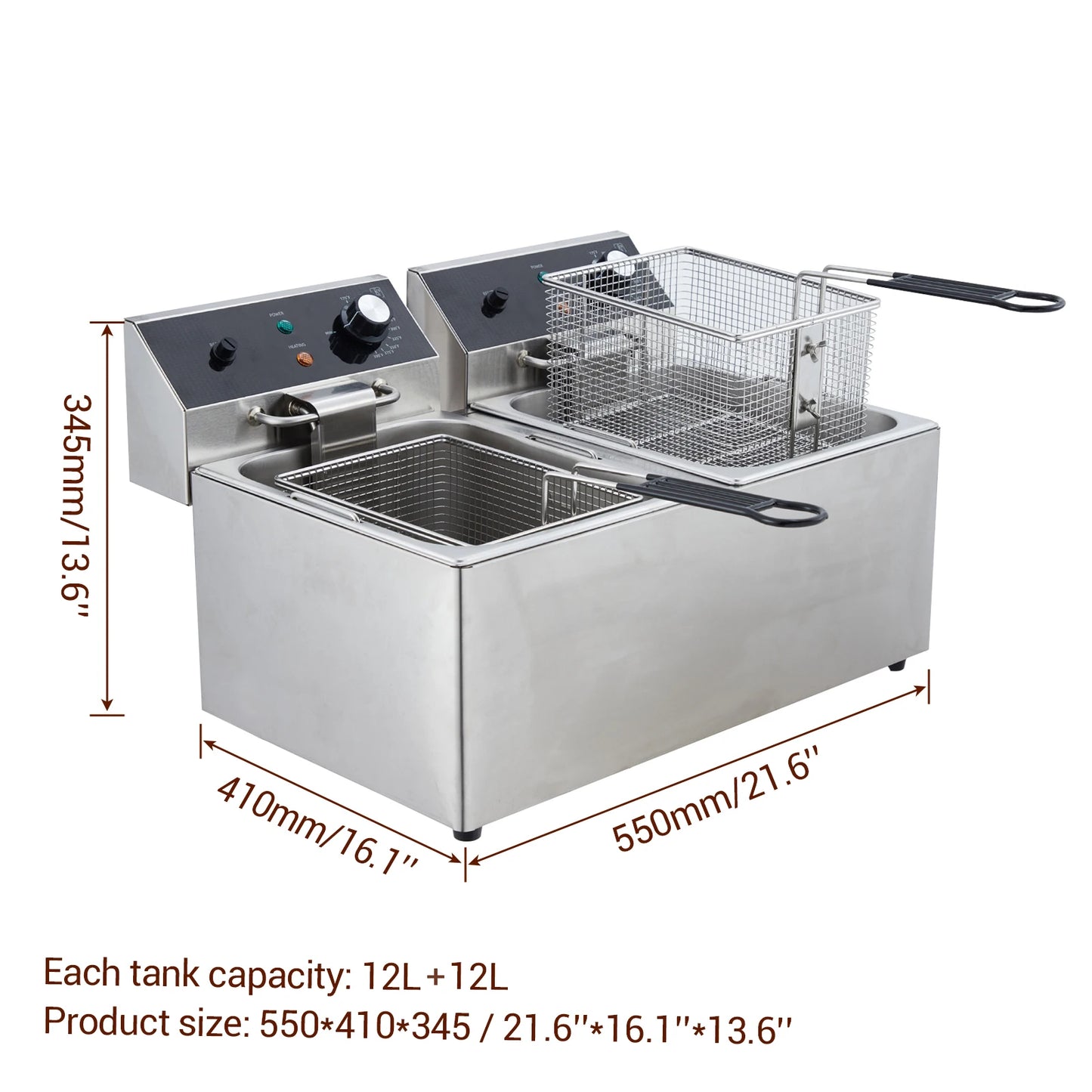 Adoolla Commercial Electric Dual Tank Countertop Stainless Fryer