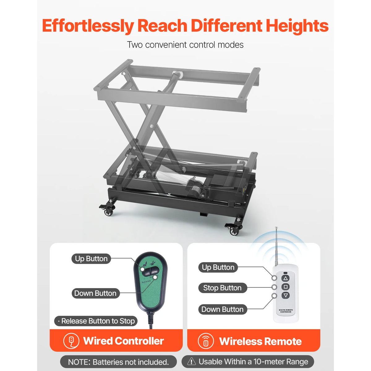 SucceBuy electric lift table with single scissor mechanism, 330 lb capacity, 8–28 in adjustable platform on casters