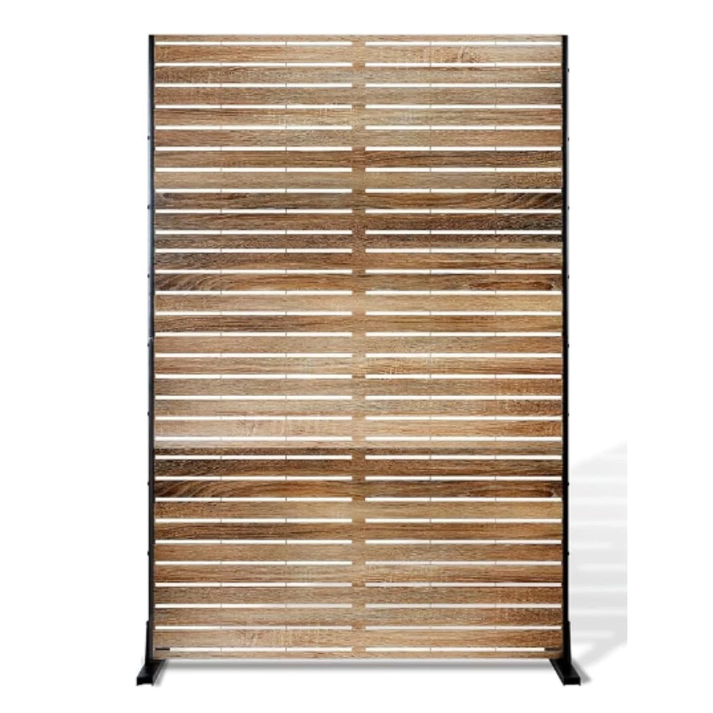 Decorative garden privacy screen with stand, brown wooden slats in a black metal frame by S And B Enterprise