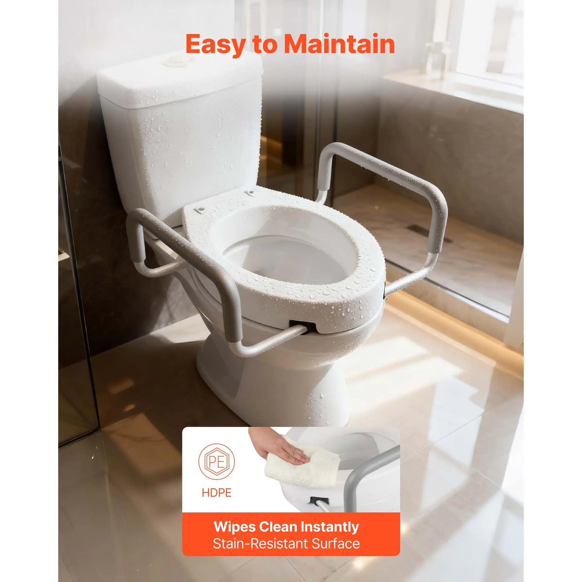 Raised toilet seat with arms by S And B Enterprise; white, 3.5-inch lift, 300 lb capacity.