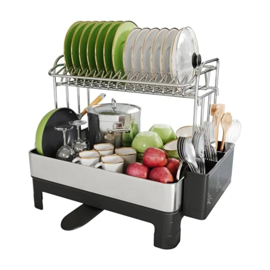 2-tier stainless steel dish drying rack with drain board; silver, rust-resistant, space-saving kitchen organizer
