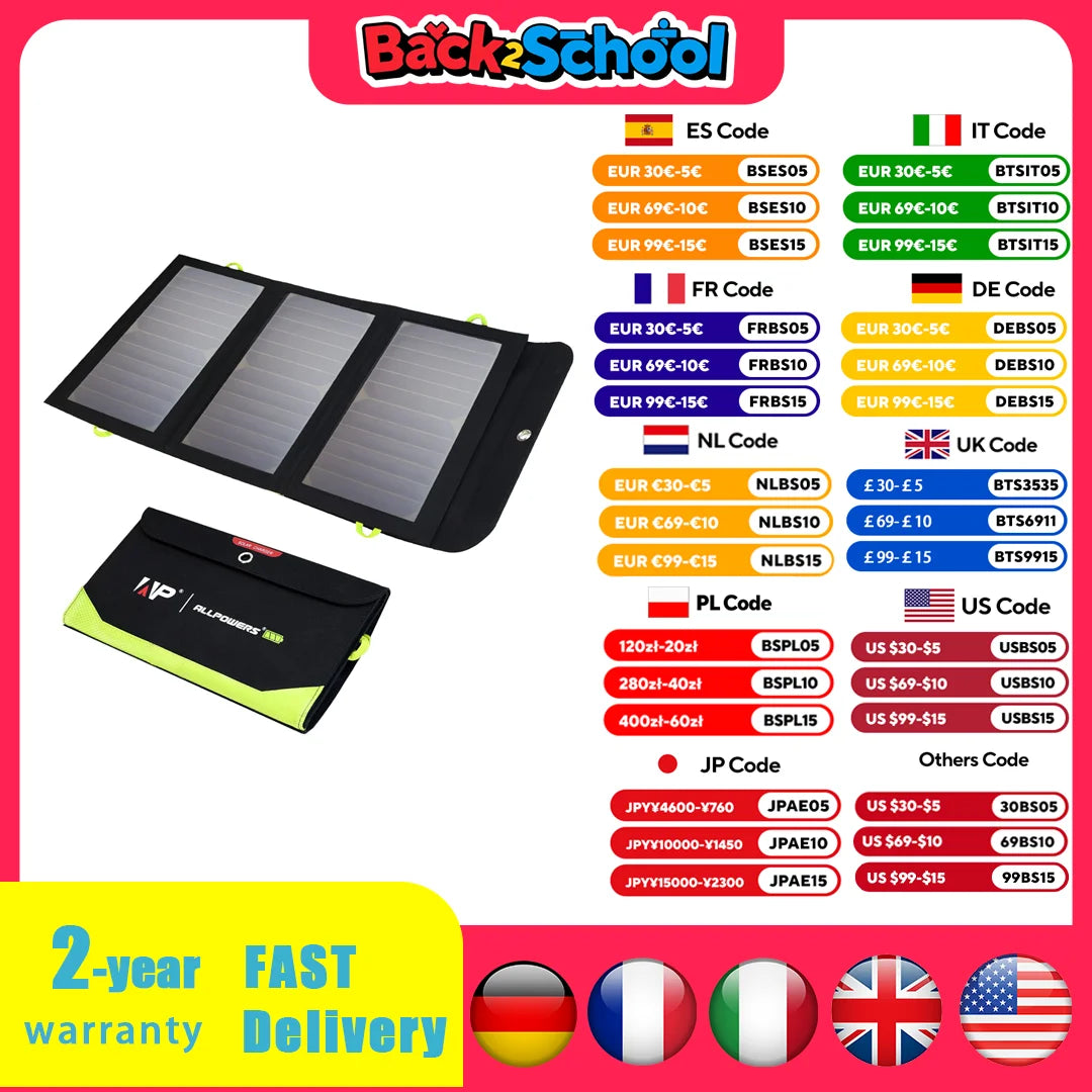 ALLPOWERS Portable Solar Charger 5V 21W With 10000mAh Battery