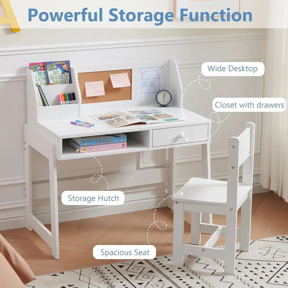 Kids study desk and chair set by S And B Enterprise, white wooden desk with storage hutch and drawers