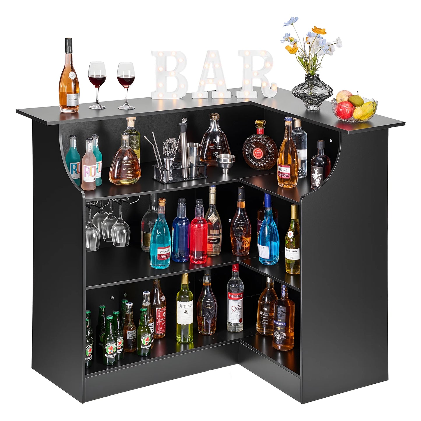 VEVOR 300 lbs Home Bar Unit L-Shaped Wine Bar Cabinet Table 4-Tier with Storage Shelves for Home Kitchen Living Room Pub Black by S And B Enterprise