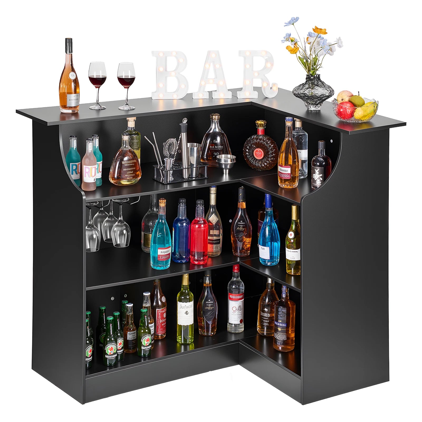 VEVOR 300 lbs Home Bar Unit L-Shaped Wine Bar Cabinet Table 4-Tier with Storage Shelves for Home Kitchen Living Room Pub Black by S And B Enterprise