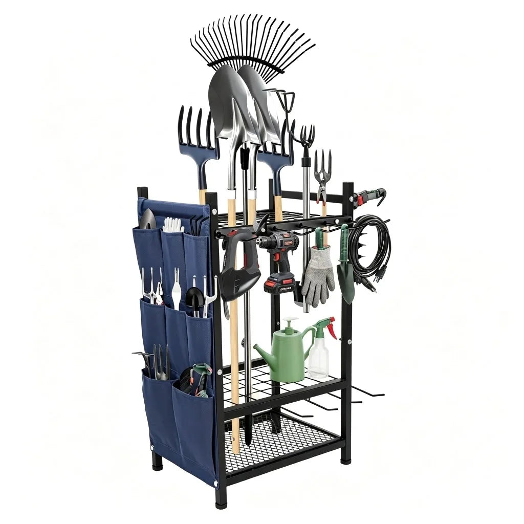 Garden tool storage organizer; heavy-duty black metal freestanding rack with blue side pockets for shovels and rakes.