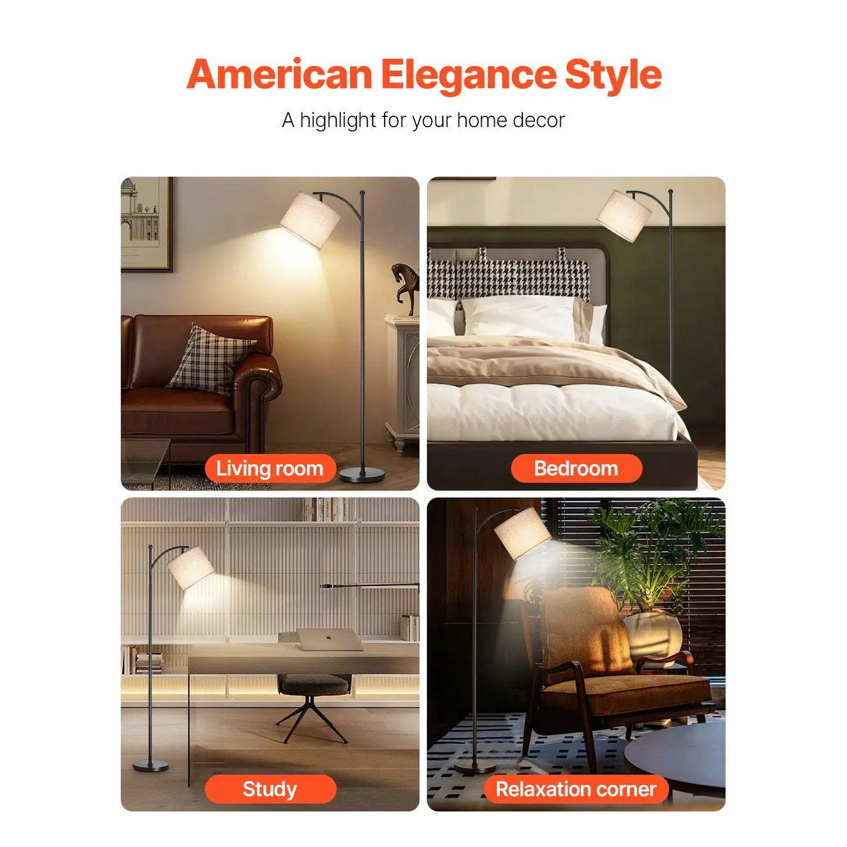 S And B Enterprise dimmable floor lamp; black metal stand with beige lampshade for living room, bedroom, or office