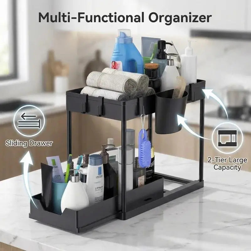 2-tier sliding under-sink organizer by S And B Enterprise in black rustproof metal with 5 side hooks and 3 detachable baskets
