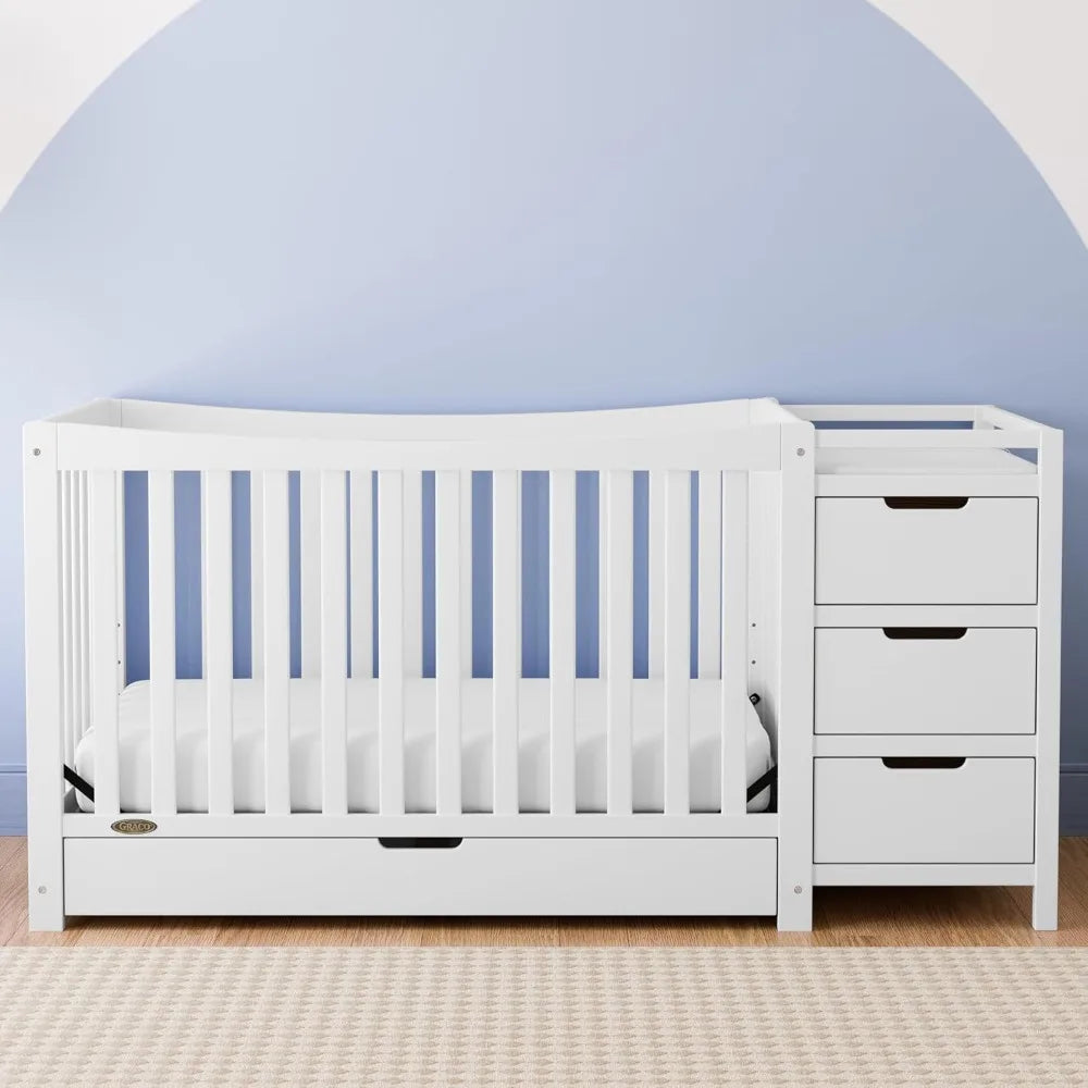 4-in-1 convertible crib by S And B Enterprise, white with attached 3-drawer changer