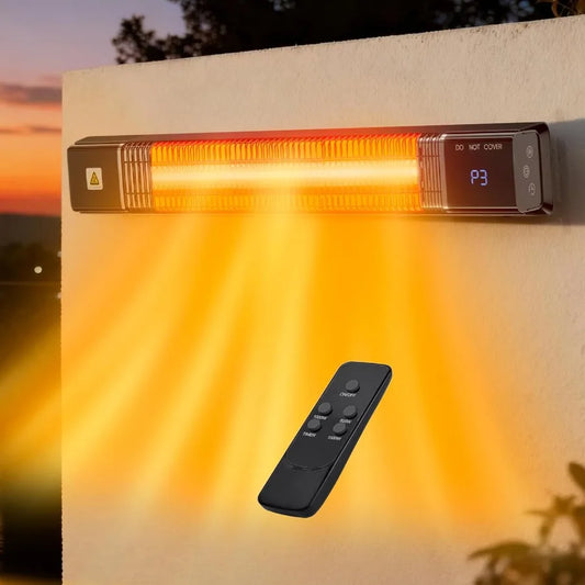 Wall-mounted outdoor infrared patio heater with remote control and digital display, glowing orange.