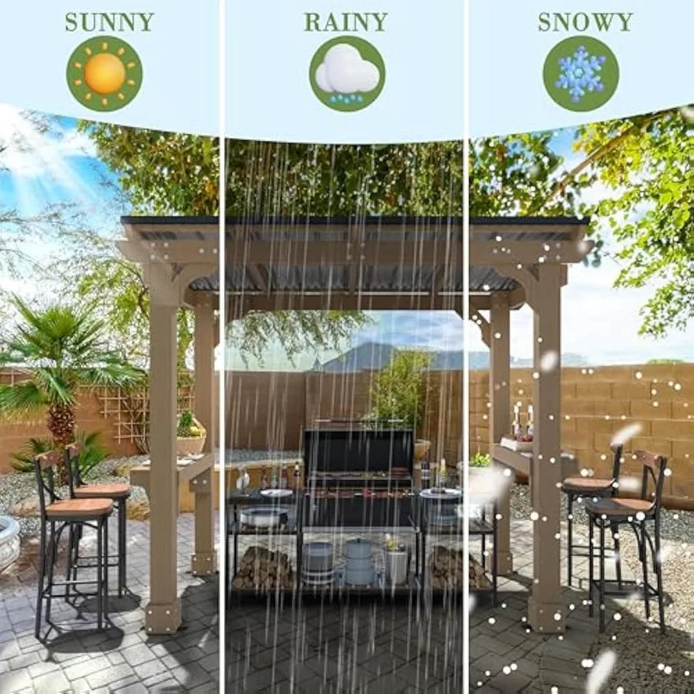 Wooden Grill Gazebo With Sloped Metal Roof And Shelves