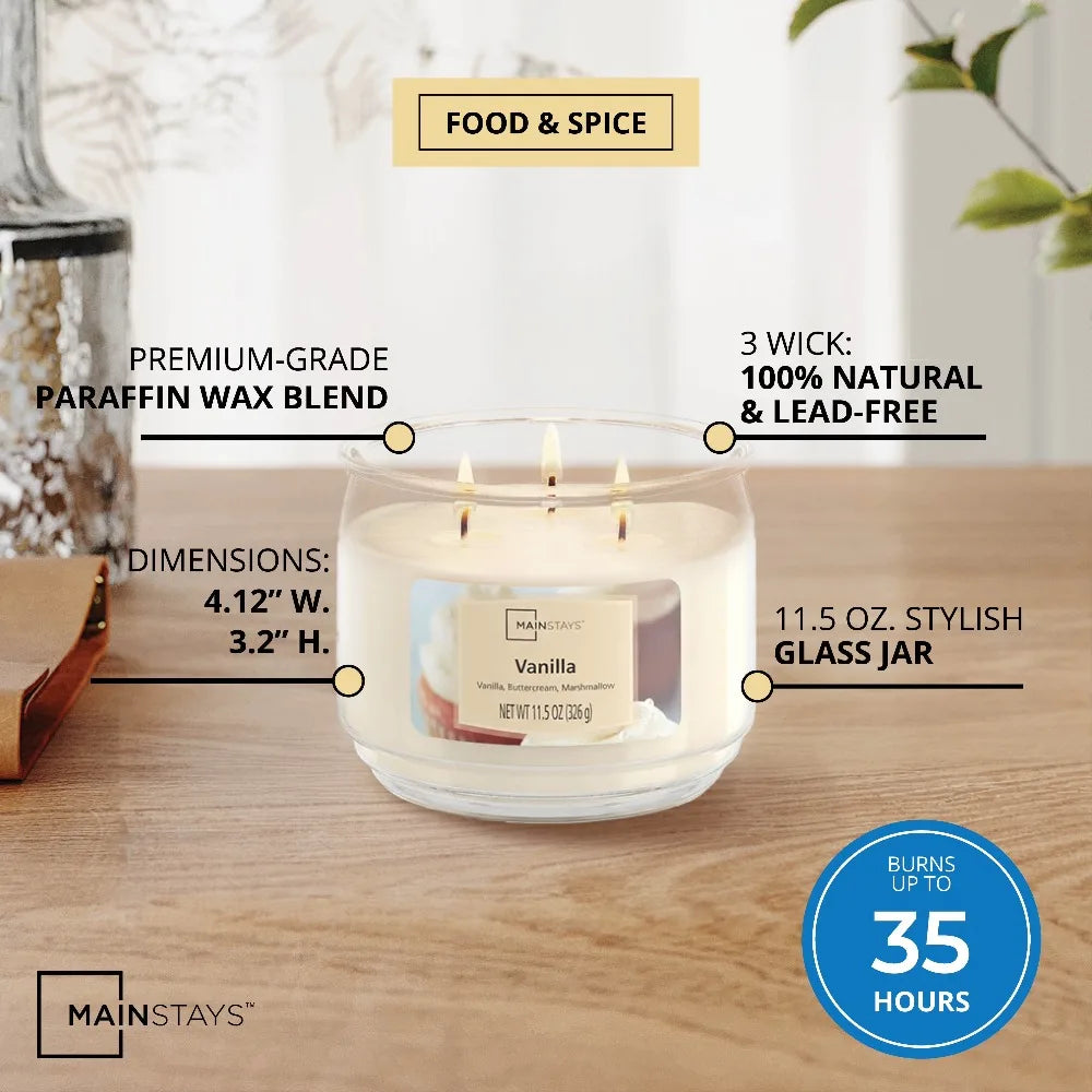 MainStays vanilla-scented glass jar candle, 3-wick, 11.5 oz, home fragrance decor