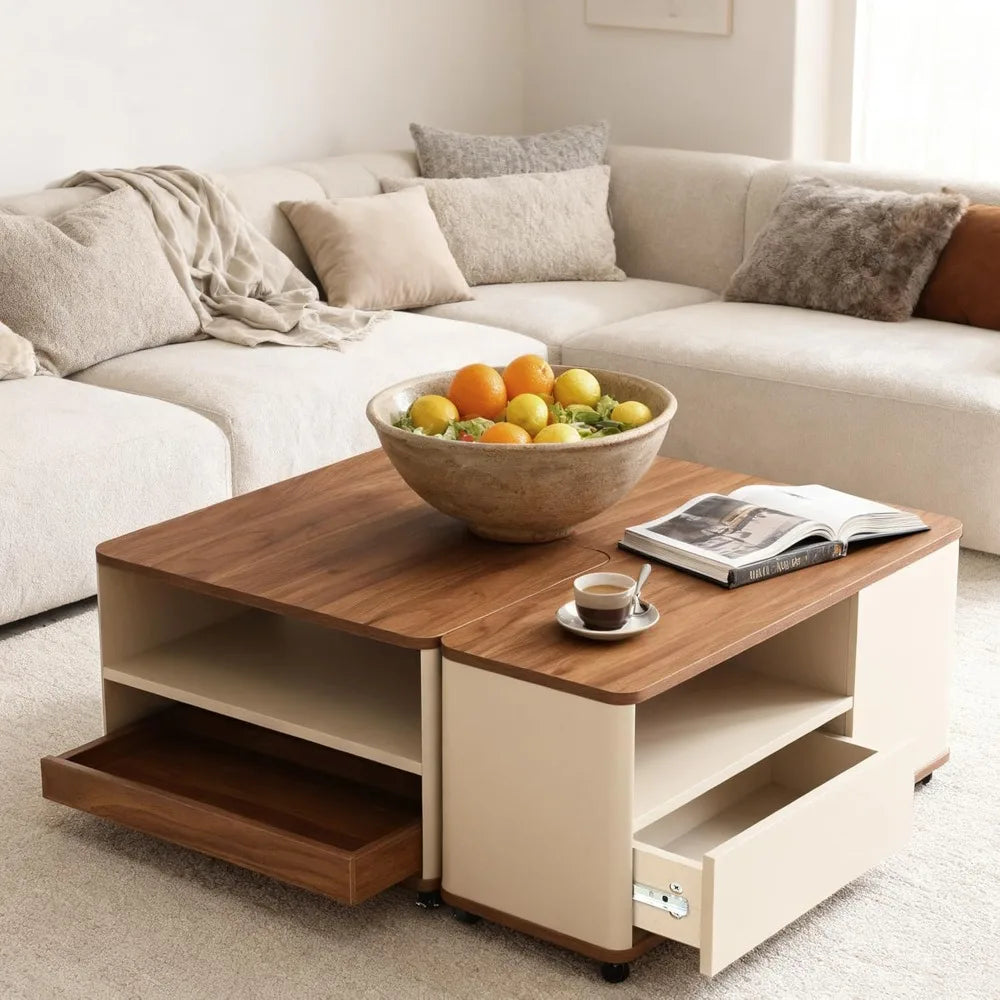 Farmhouse Wood Coffee Table With Wheels And Storage