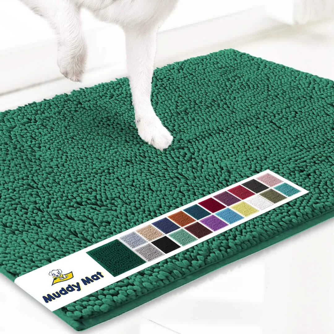 Muddy Mat green microfiber doormat with paw-cleaning texture; washable, non-slip pet entry rug.