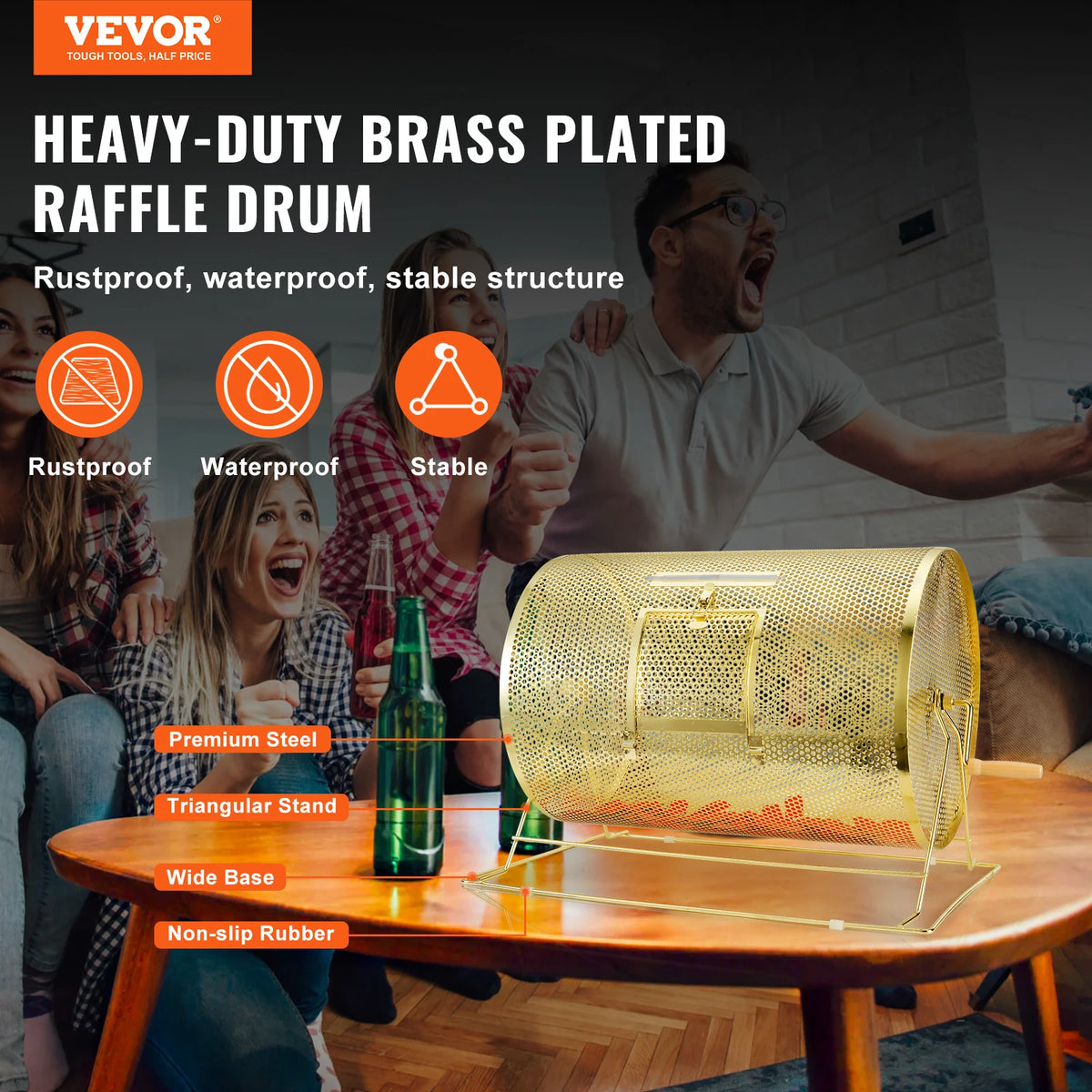 Raffle drum brass-plated, transparent, by S And B Enterprise; holds 10,000 tickets or 300 ping-pong balls.