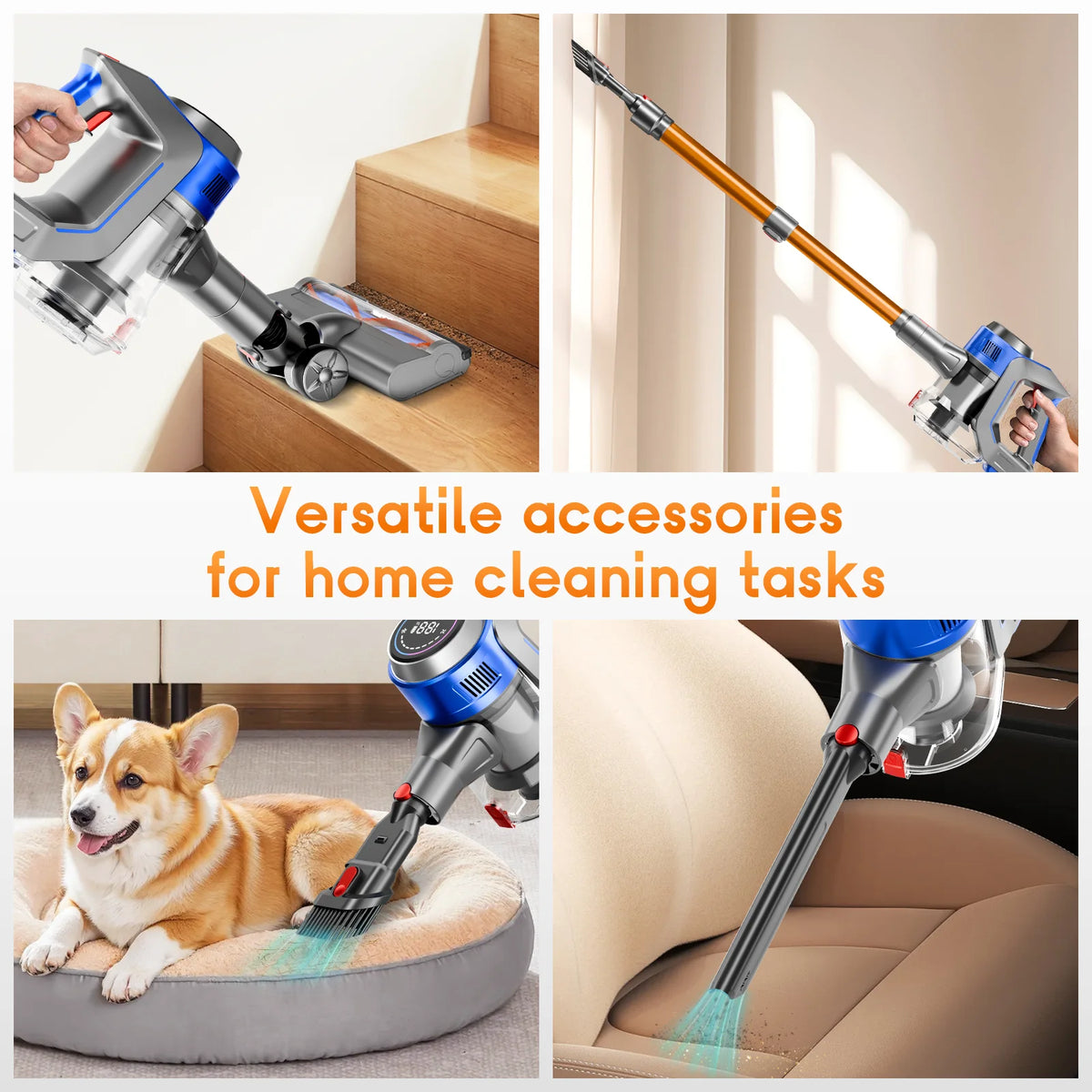 Honki cordless vacuum cleaner, blue-gray handheld with LED, 78KPa suction for pet hair on stairs, curtains, car.