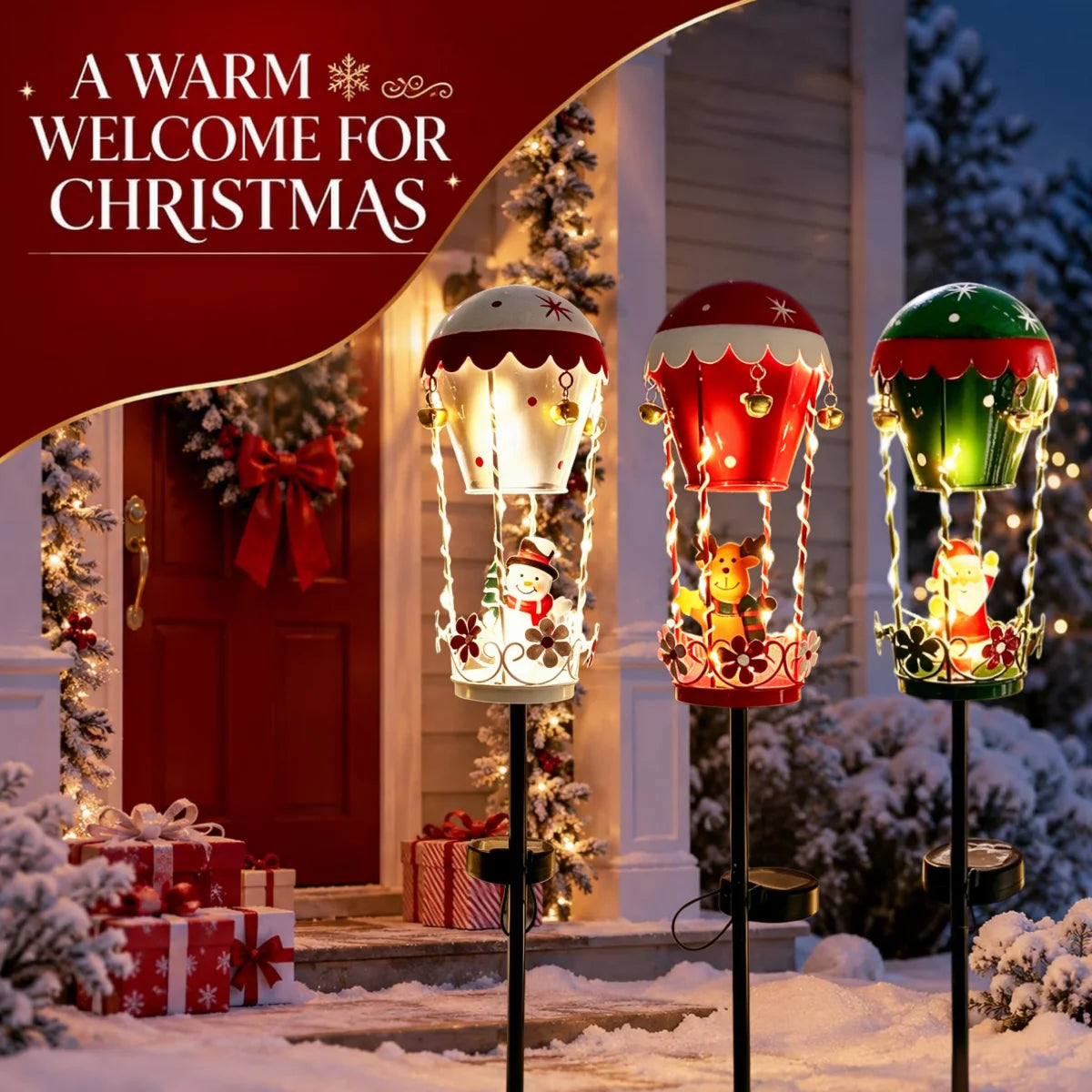 S And B Enterprise garden solar stake lights; three iron Christmas Santa hot-air-balloon lanterns with bells and lights