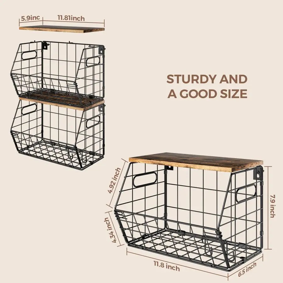 Stackable Metal Fruit Basket With Wood Lid Wall Organizer