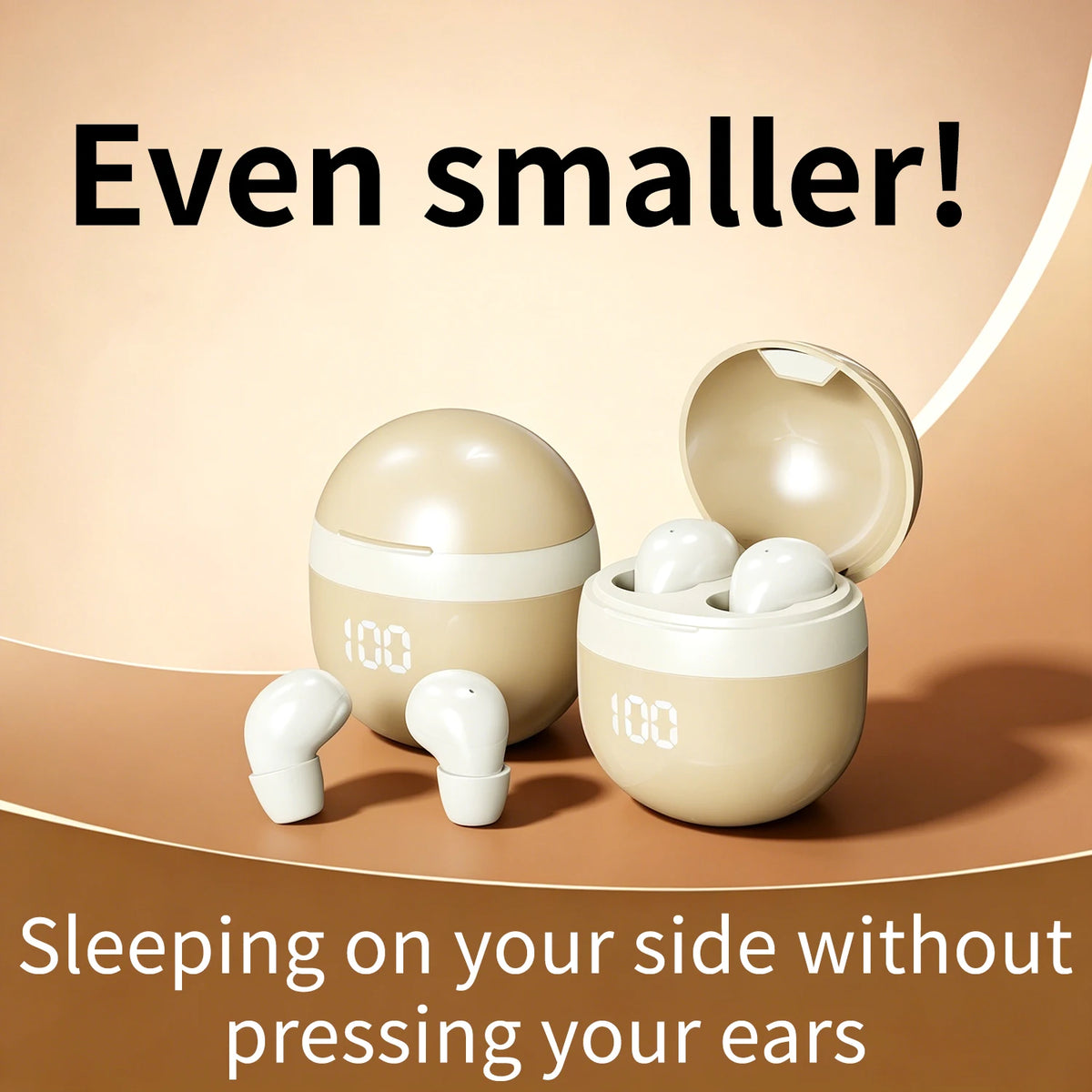 Pair of small wireless Bluetooth earbuds in beige charging case