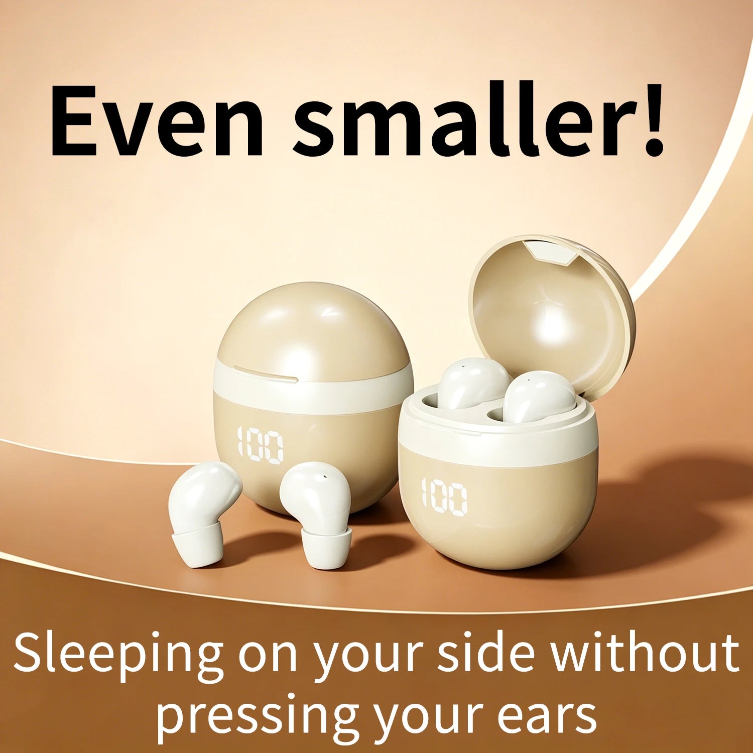 Pair of small wireless Bluetooth earbuds in beige charging case