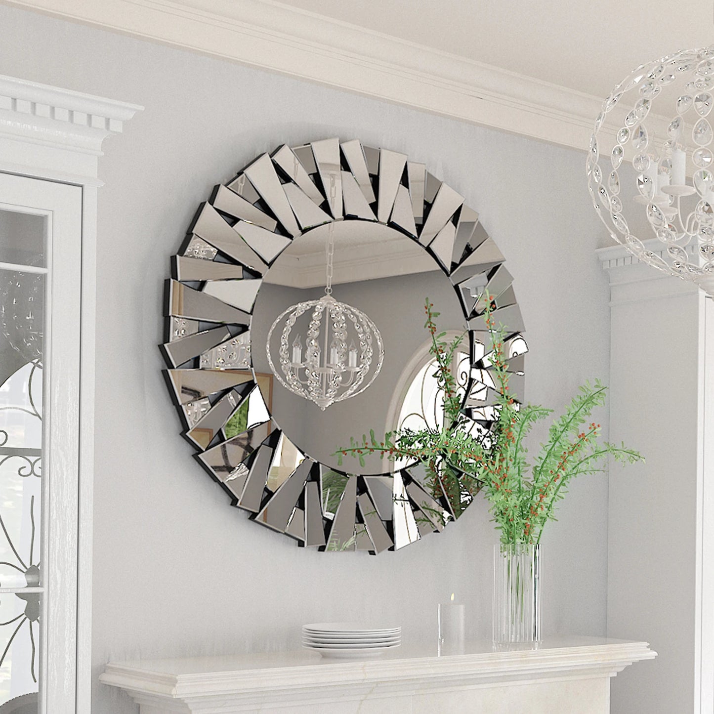 Modern Round Sunburst Wall Mirror With Elegant Beveled Glass