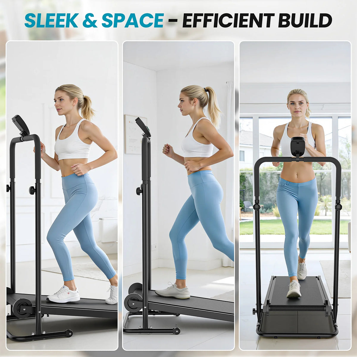 Akluer non-motorized foldable treadmill with dual flywheels and LCD monitor.