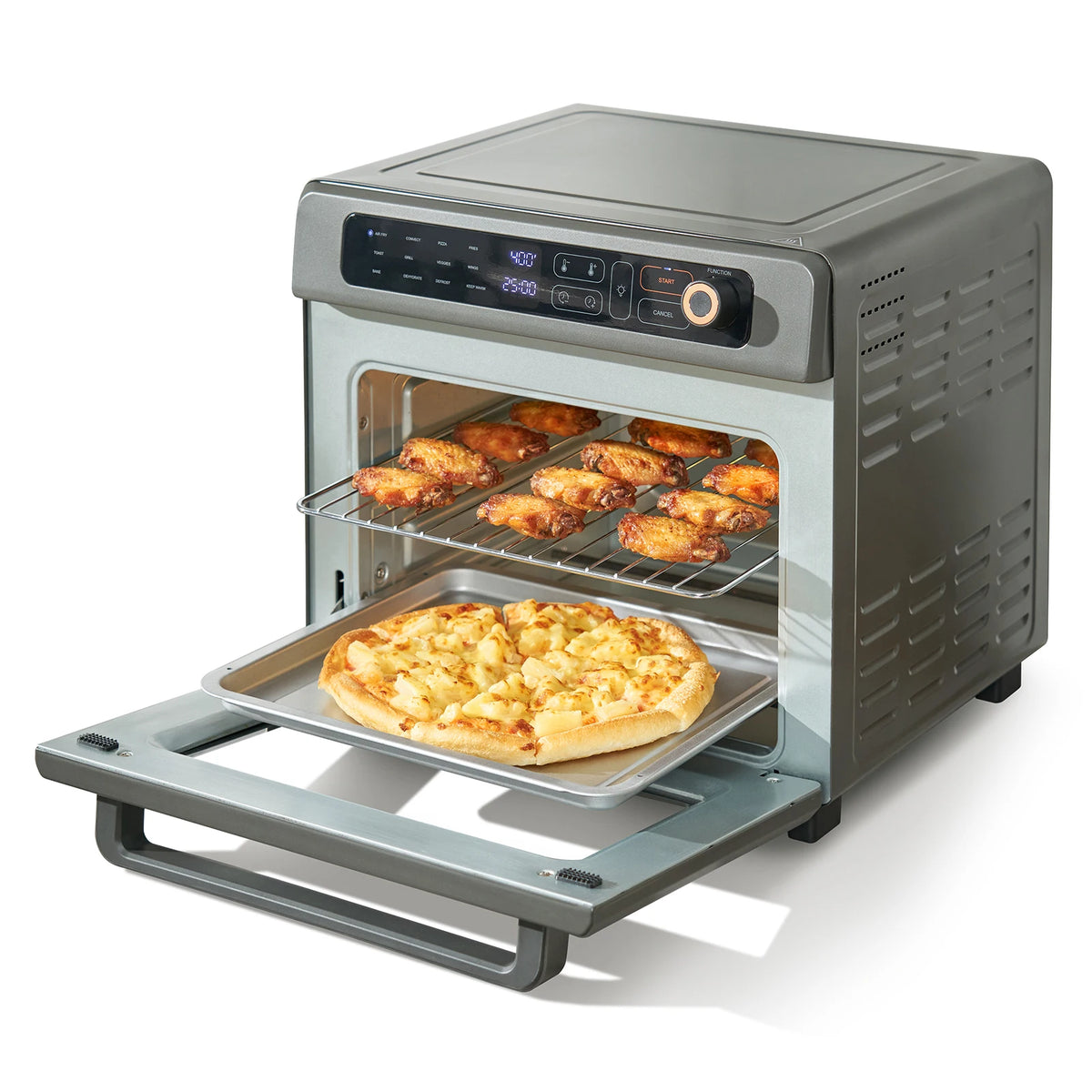 Stainless steel air fryer toaster oven with grill; countertop convection oven cooking pizza and wings