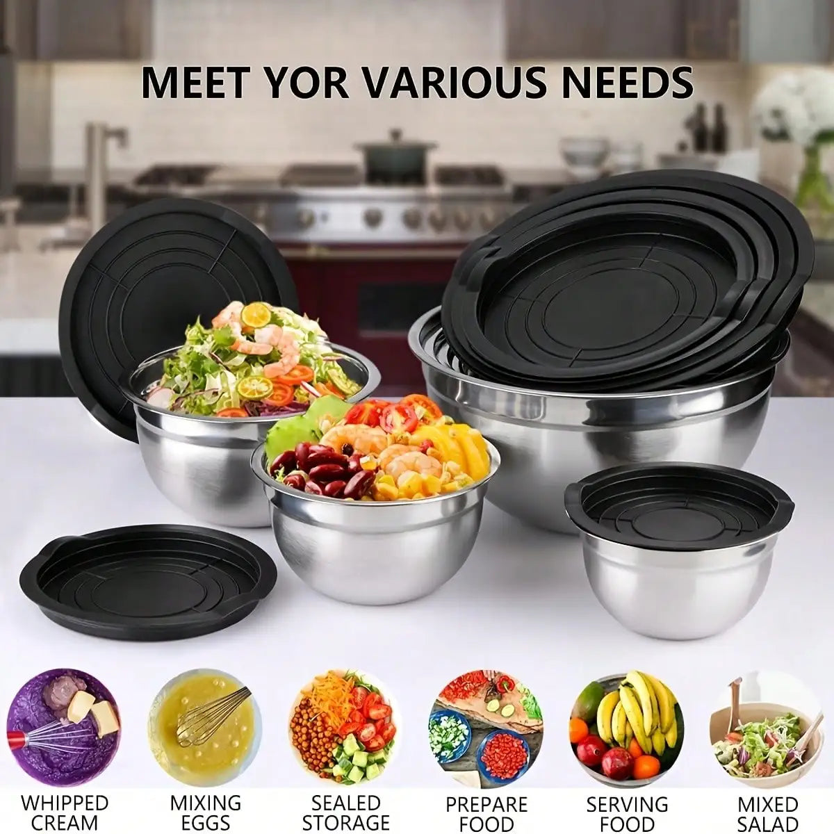 7PC Food Grade Stainless Steel Mixing Bowls Set,Kitchen Bowl, Salad Bowl, Metal Mixing Bowl,Nesting Stackable Deep Basin with Sealed Lid,BPA Free Dishwasher Safe for Cooking Prep,Fruit Washing, Marinating, Salad Making,Food S by S And B Enterprise
