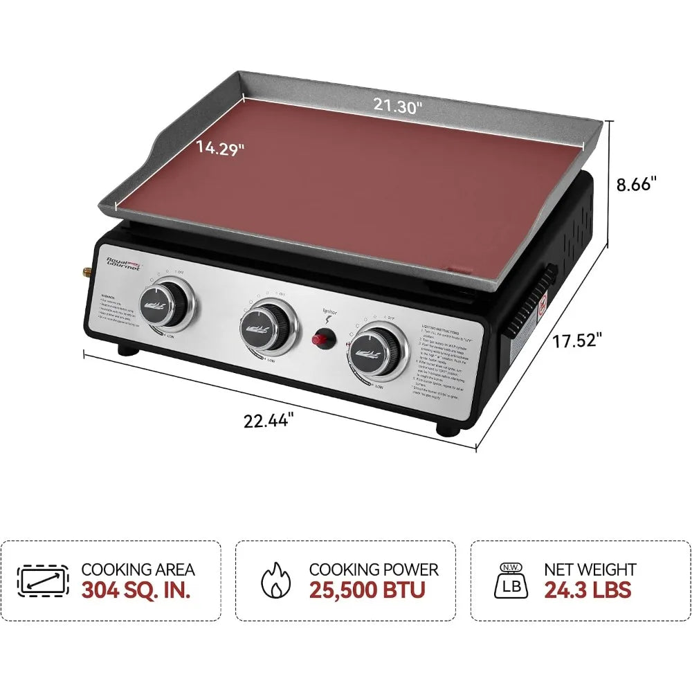 Portable 3-Burner Tabletop Gas Griddle in black and silver, S And B Enterprise.