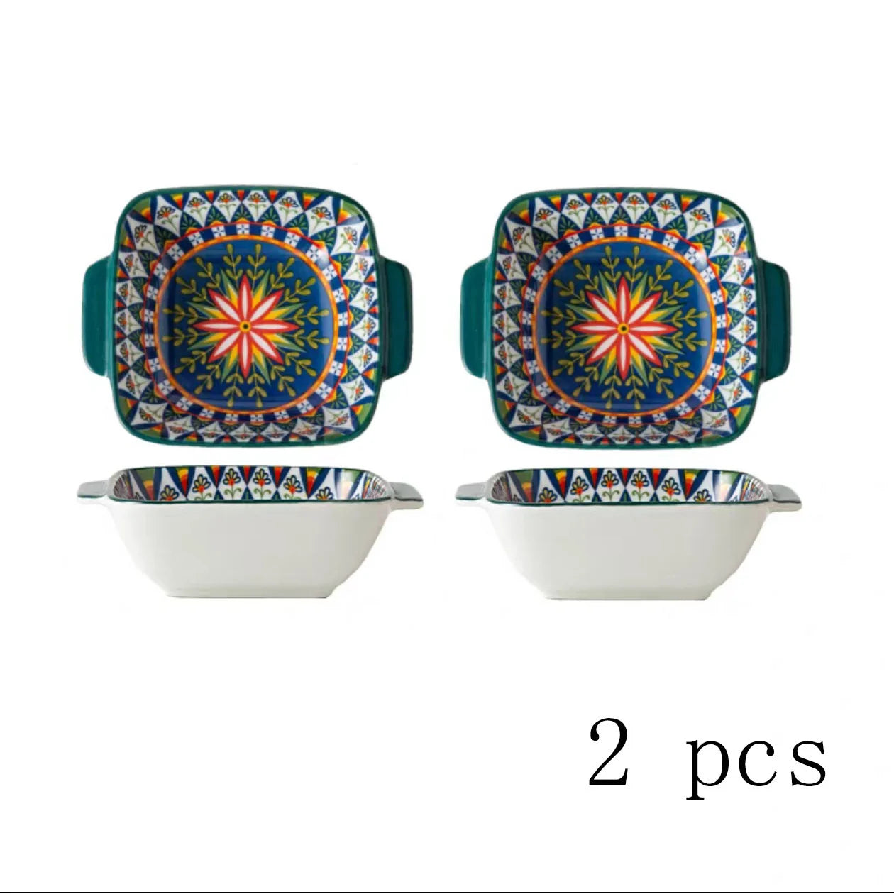 2Only15.24 Bohemian-Style Ceramic Salad Bowl/Pasta Bowl, Reusable Dessert Container with Handle/ Snack Bowl, Boho Tableware by S And B Enterprise