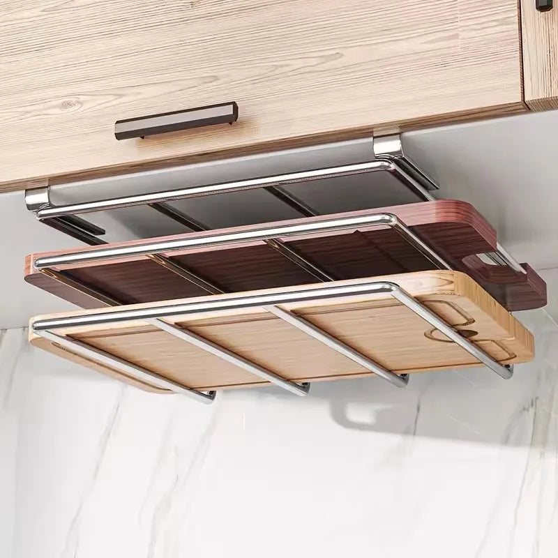 Under-cabinet cutting board organizer rack in stainless steel with wooden boards