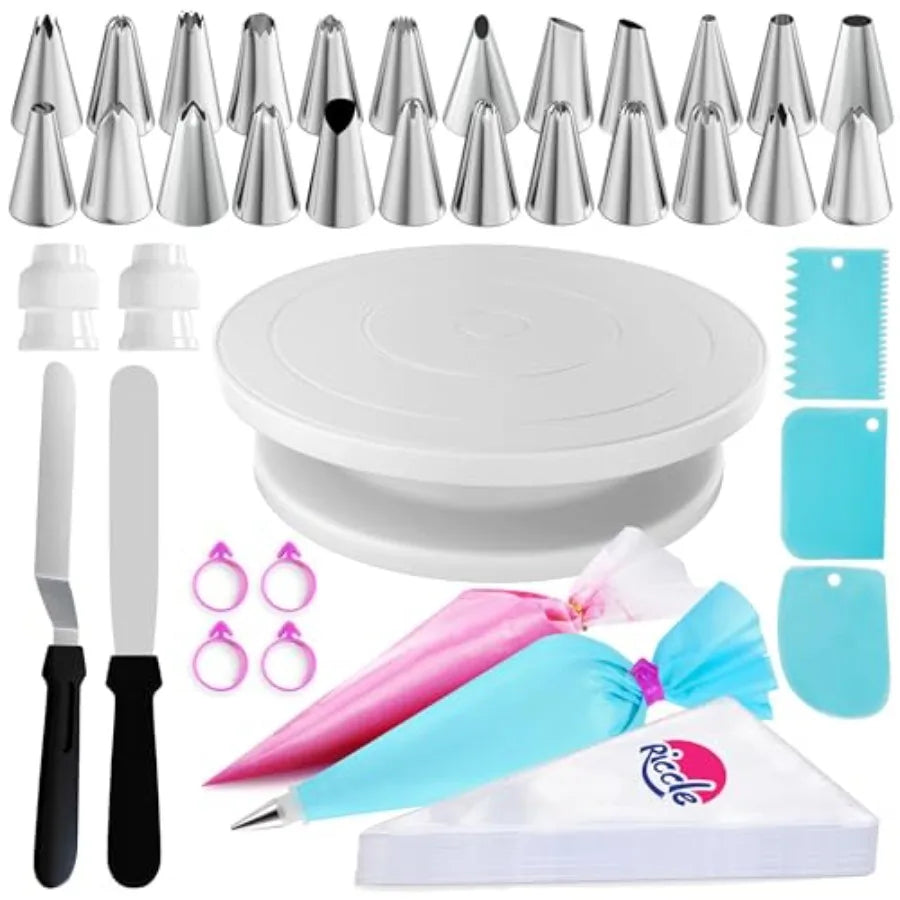 88 pcs Cake Decorating Kit with Cake Turntable - Includes 50 Disposable + 2 Reusable Piping Bags and Tips Set, 24 Icing Piping by S And B Enterprise
