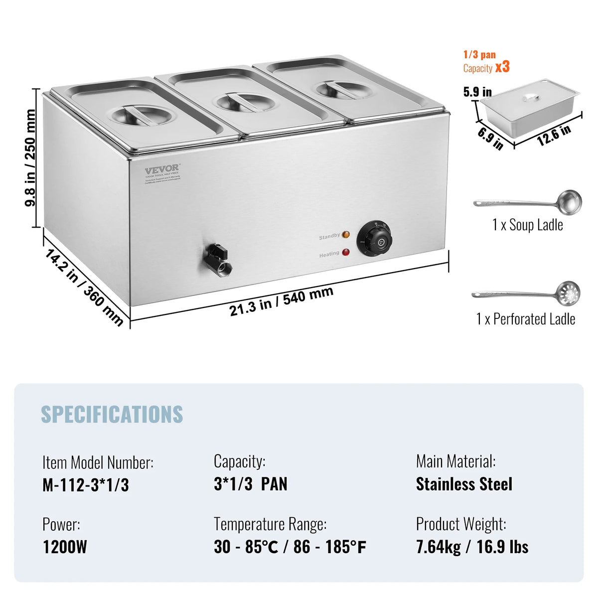 VEVOR stainless steel 3-pan commercial food warmer with glass lids and temperature control