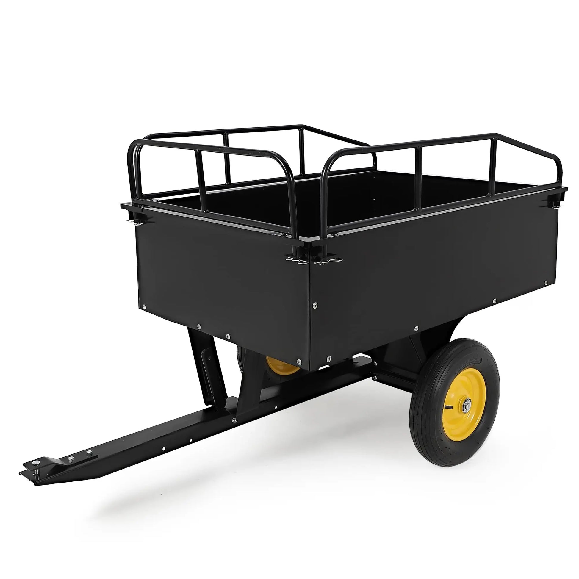 Dump cart by S And B Enterprise, 750 lb steel with removable sides, black bed, yellow wheels