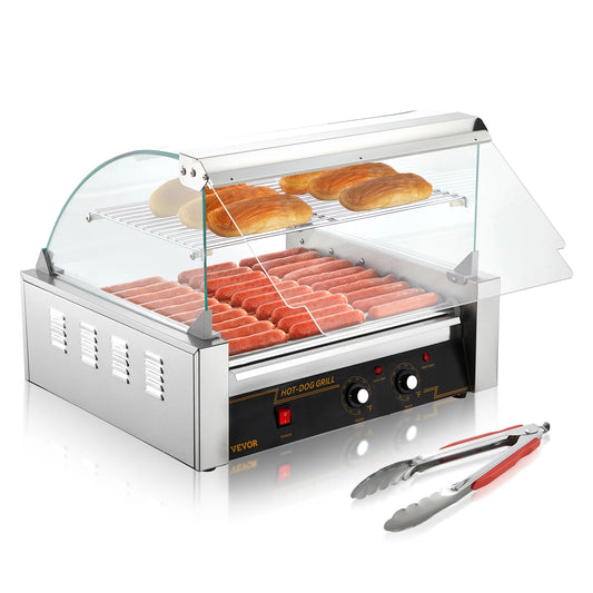 Hot dog roller grill by VEVOR with glass guard, stainless steel body, buns on top, sausages on bottom.