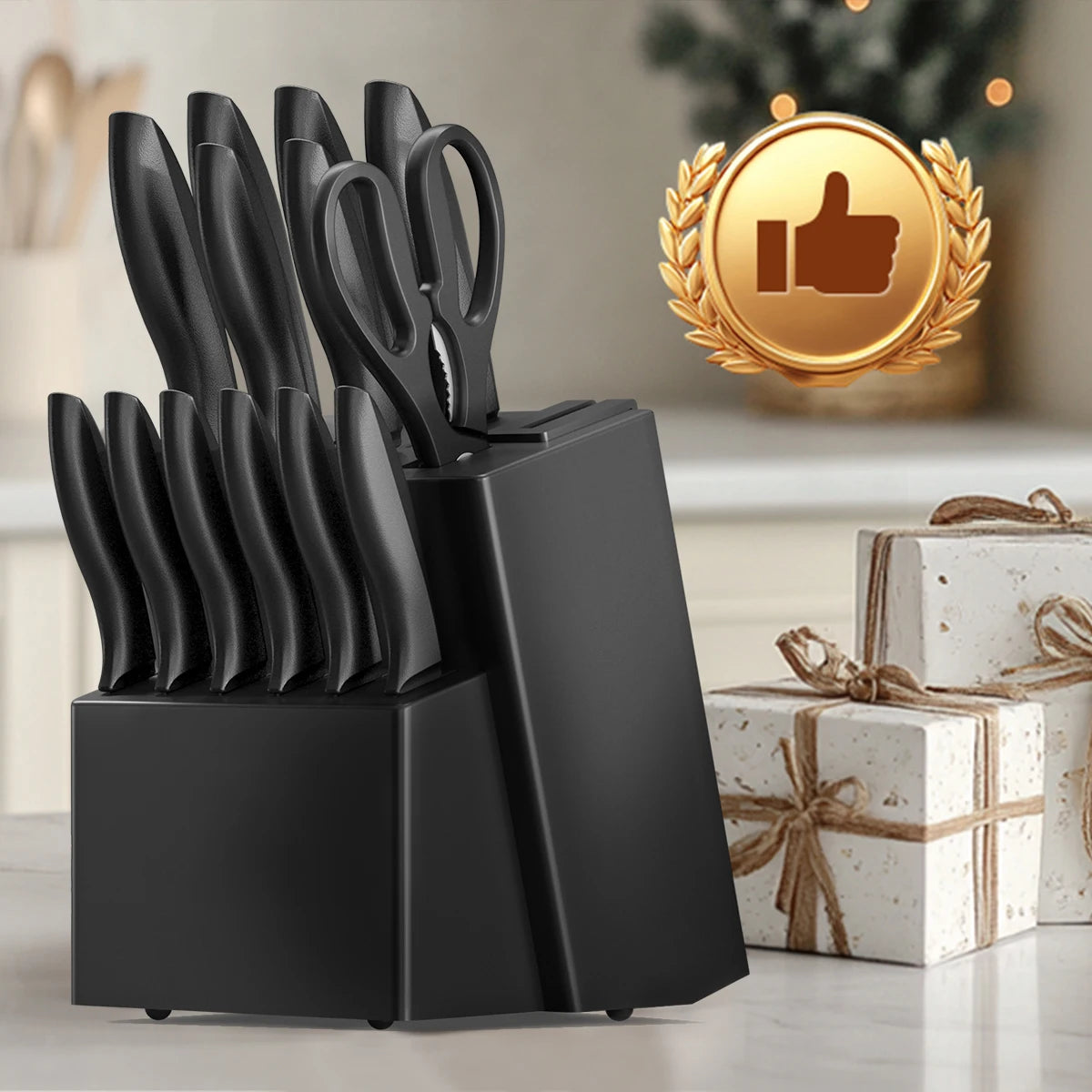 Stainless Steel Kitchen Knife Set With Block Sharpener Scissors by S And B Enterprise