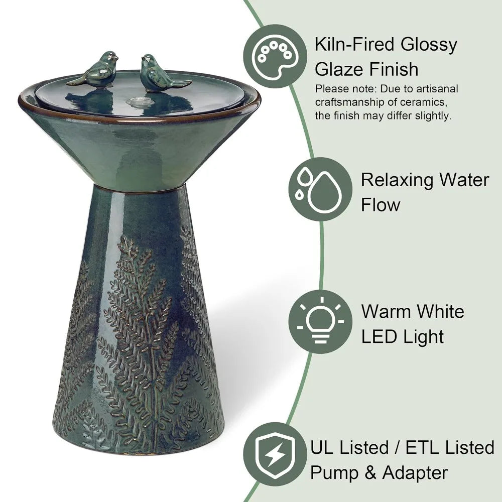 Ceramic Bird Bath Fountain With LED Light And Pump by S And B Enterprise