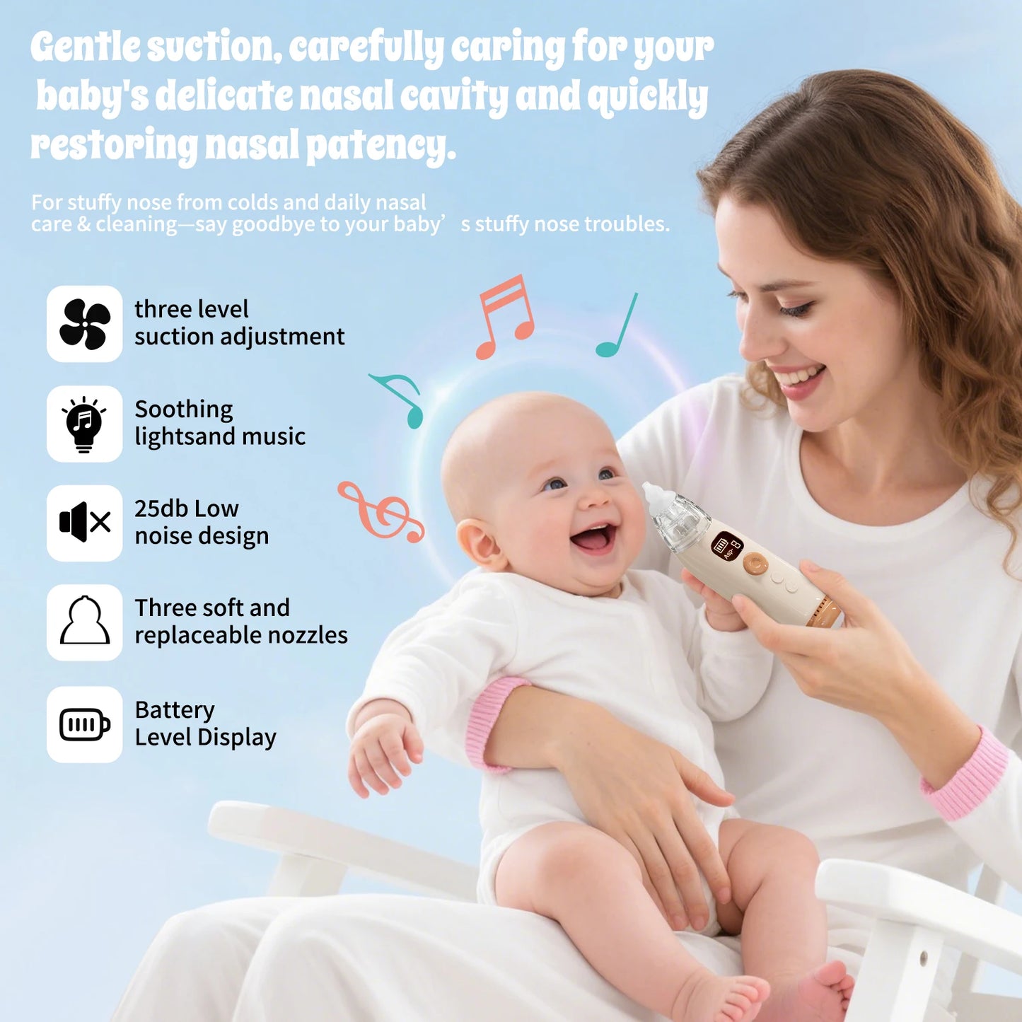 Hansqui Electric Baby Nose Vacuum Nasal Aspirator With 3 Nozzles