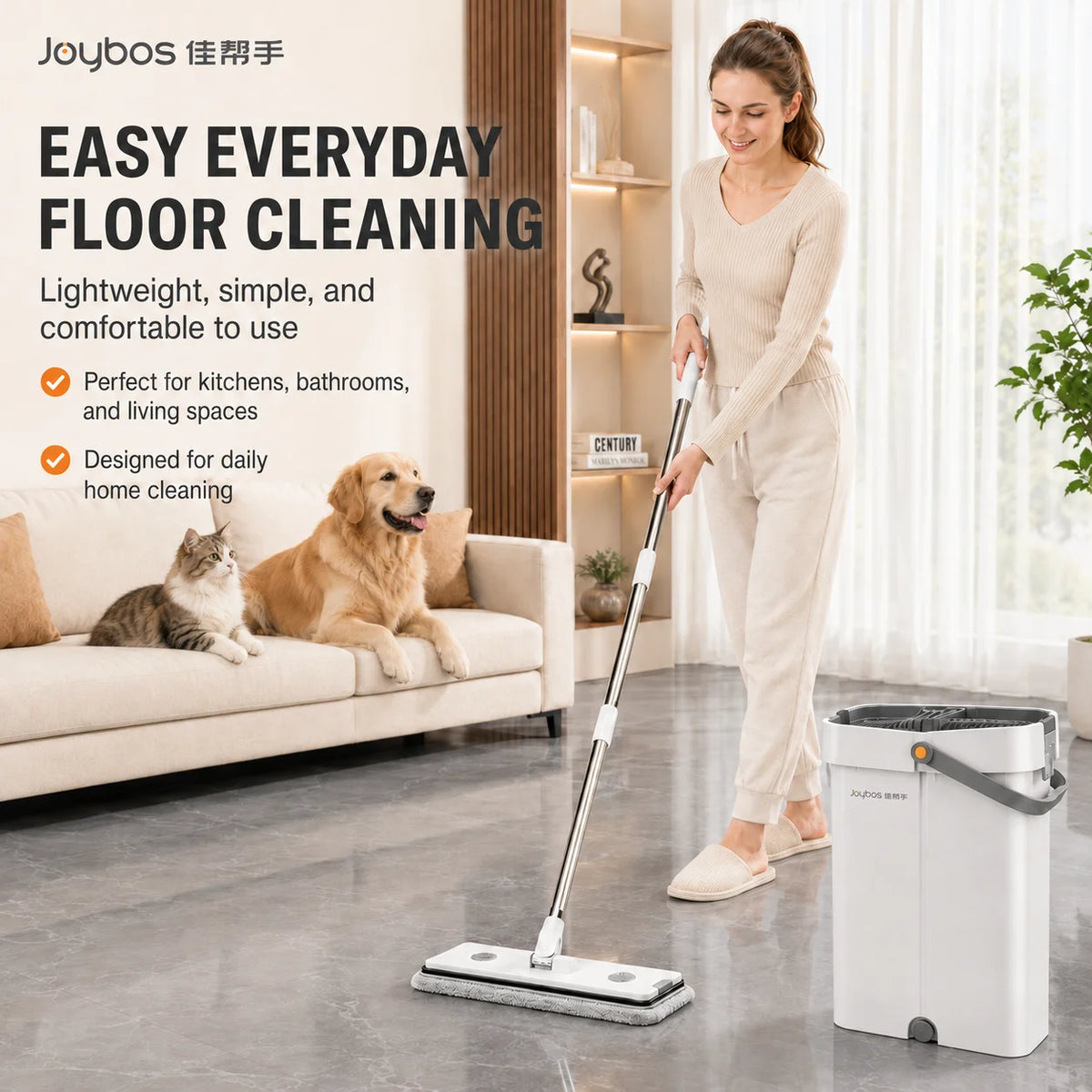 Joybos Ultra-Slim Flat Mop and Bucket Set with 2 microfiber pads, white bucket, hands-free wash/dry, 360° swivel