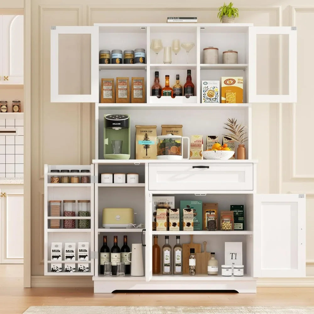 Vongrasig tall white kitchen pantry cabinet with microwave stand and glass-door upper storage